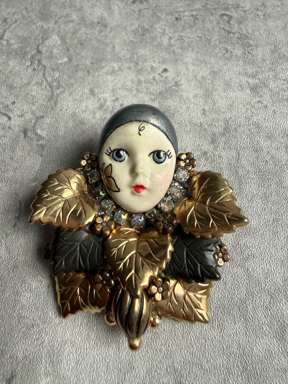 Vintage Marena Eros Porcelain Face Brooch Art Deco Style Pin Rhinestone Enamel